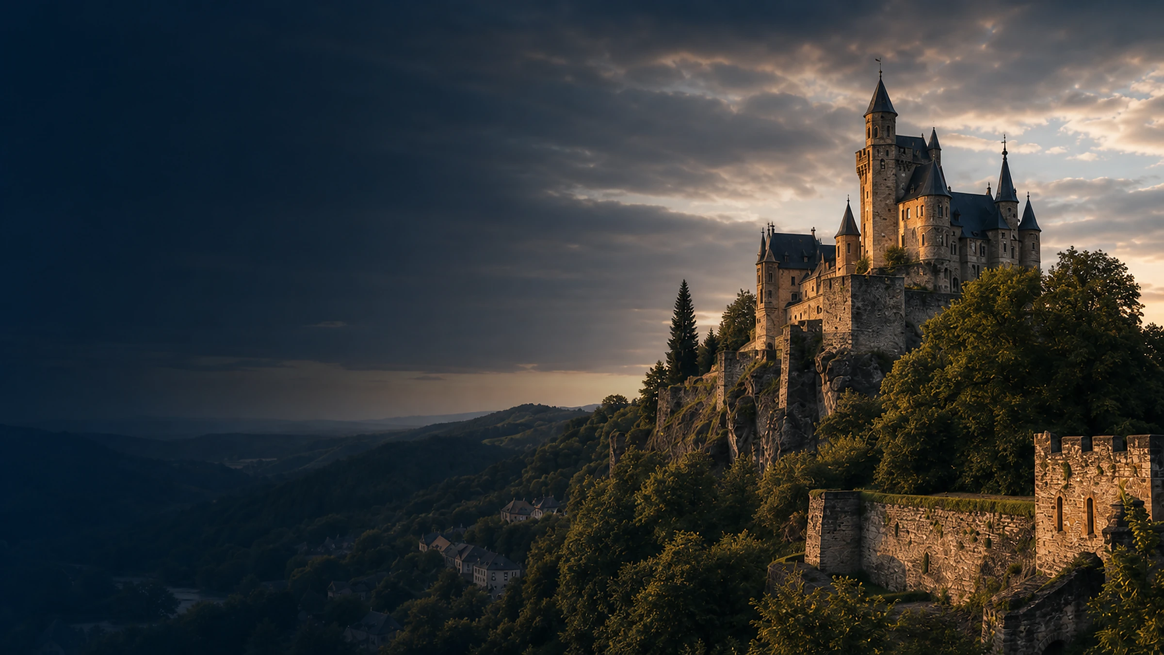Dramatic Luxembourg castle above a forested valley at golden hour
